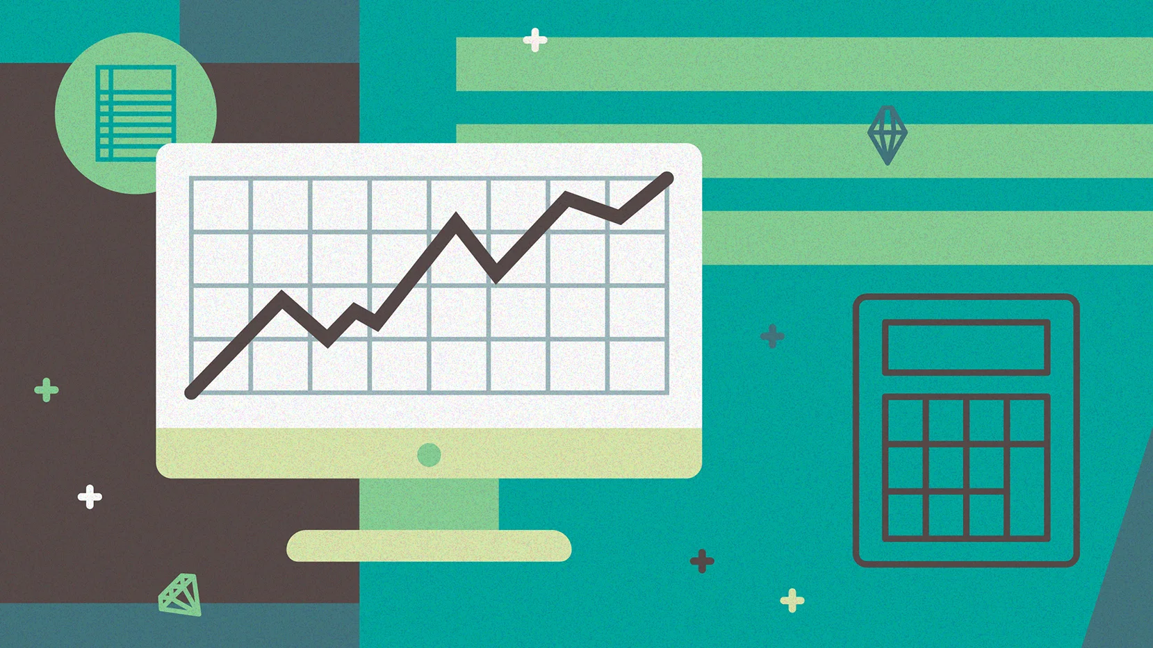 Graphic of a computer monitor with a line chart and a calculator