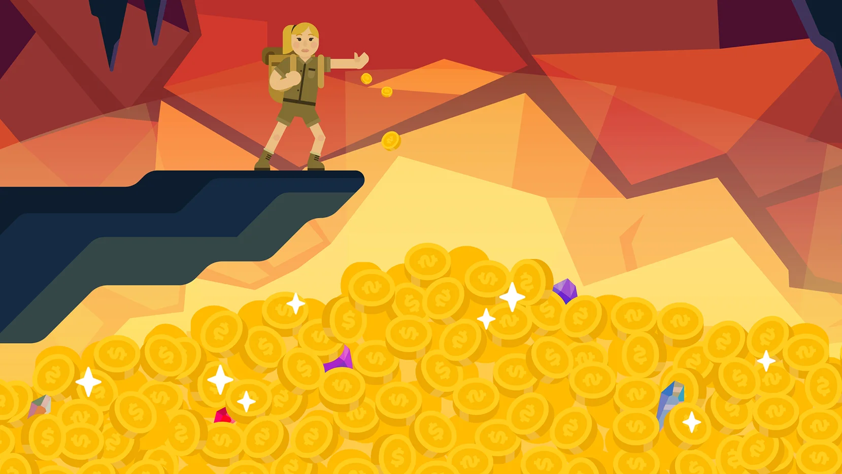 Graphic of a woman in hiking gear tossing coins into a growing pile