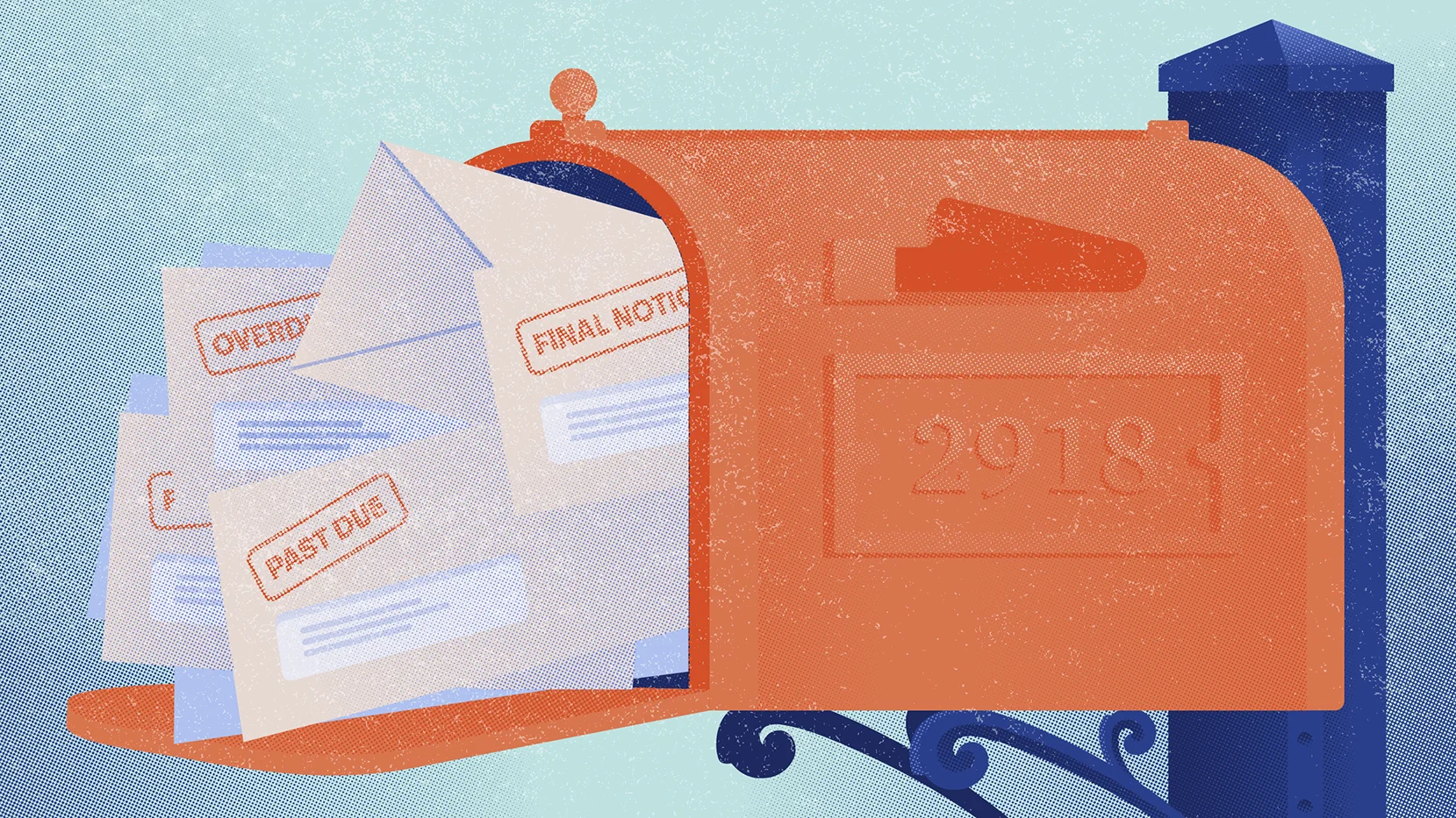 Graphic of an open mailbox filled with past due notices