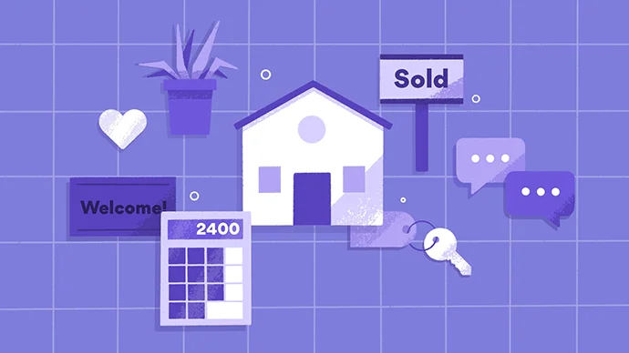 Drawing of a home with a calculator, welcome mat, keys and other items