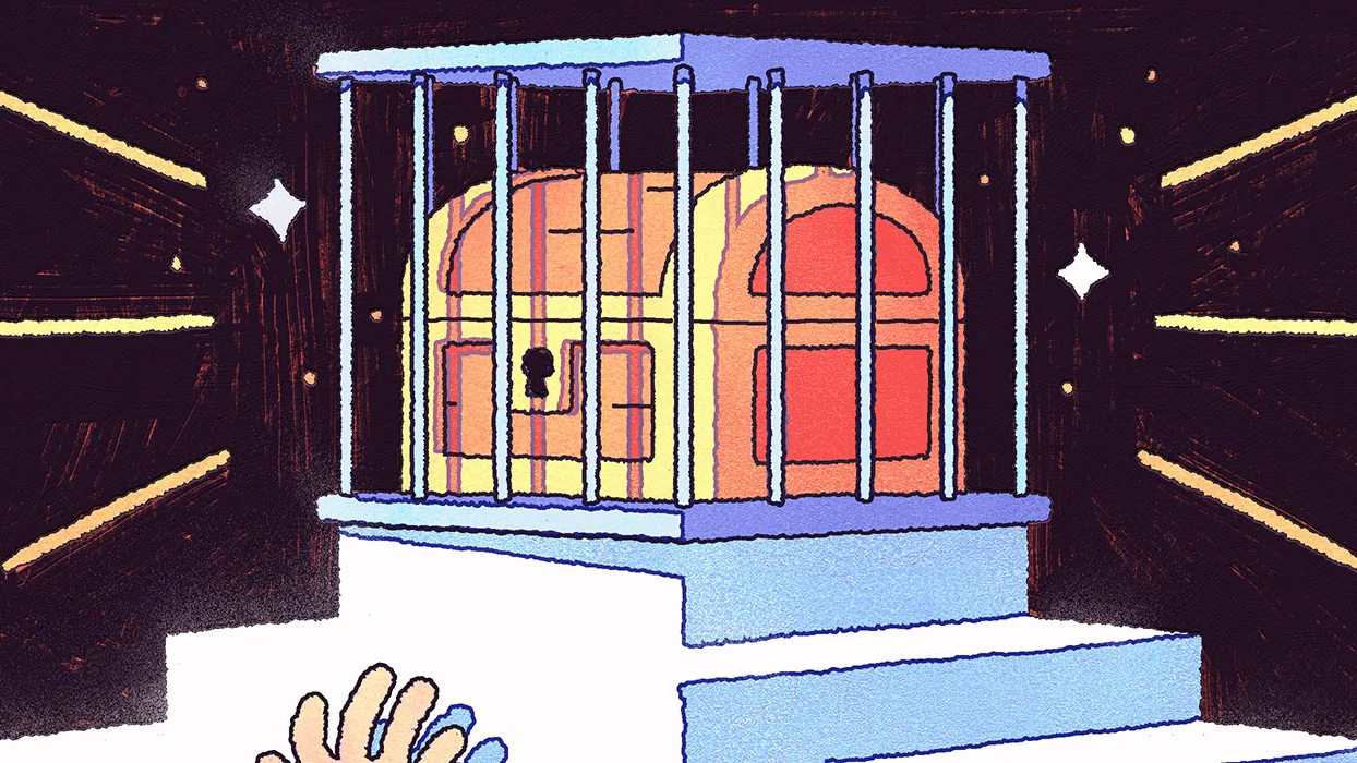 Graphic of a hand reaching for a chest enclosed in a cage on a pedestal