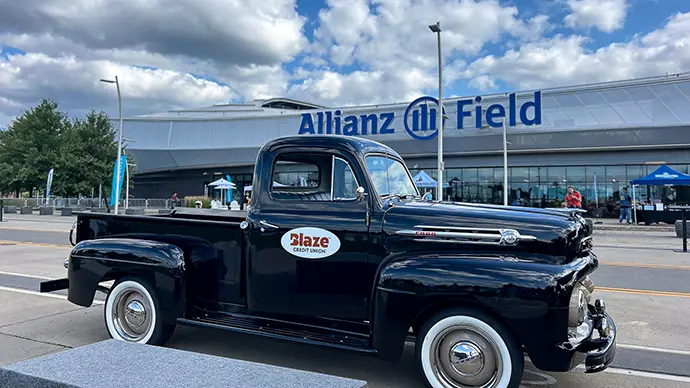 Blaze pickup truck, Archie, parked in front of Allianz Field where the Minnesota United FC play home games Blaze pickup truck, Archie, parked in front of Allianz Field where the Minnesota United FC play home games