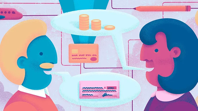 Drawing of two people discussing finances