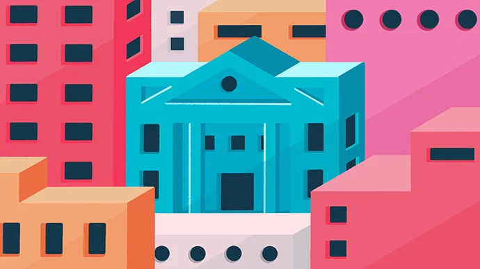 Drawing of colorful business buildings