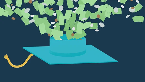 Drawing of a graduation cap with money coming out of it