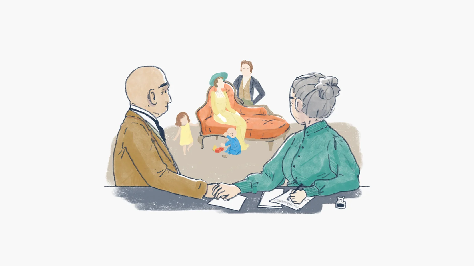 Graphic of older couple holding hands and looking at their family.