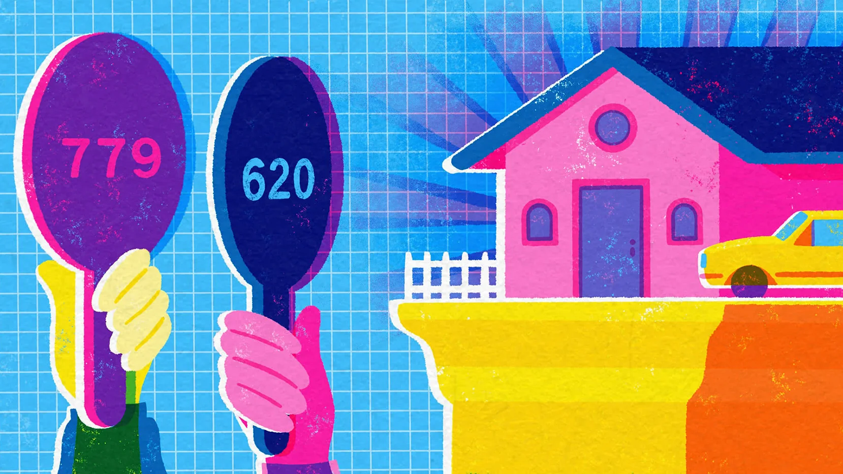 Graphic of hands holding up different credit scores on paddles when bidding on a house and a car