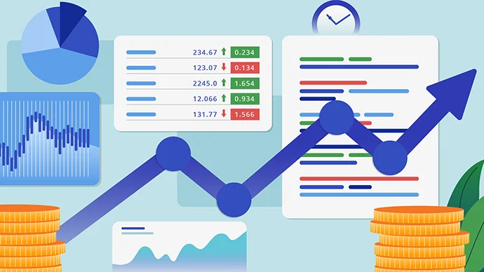 Retirement finance charts with an arrow trending upward