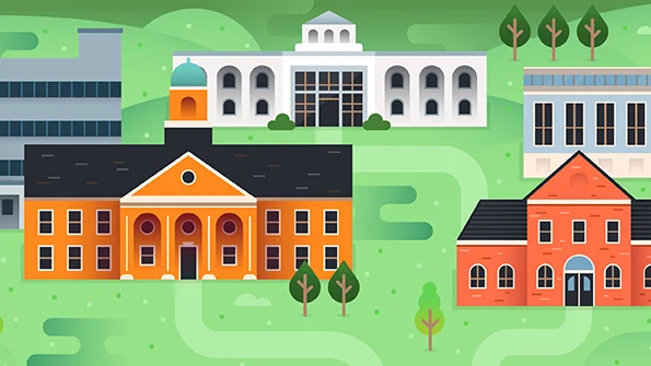 Drawing of buildings on a college campus