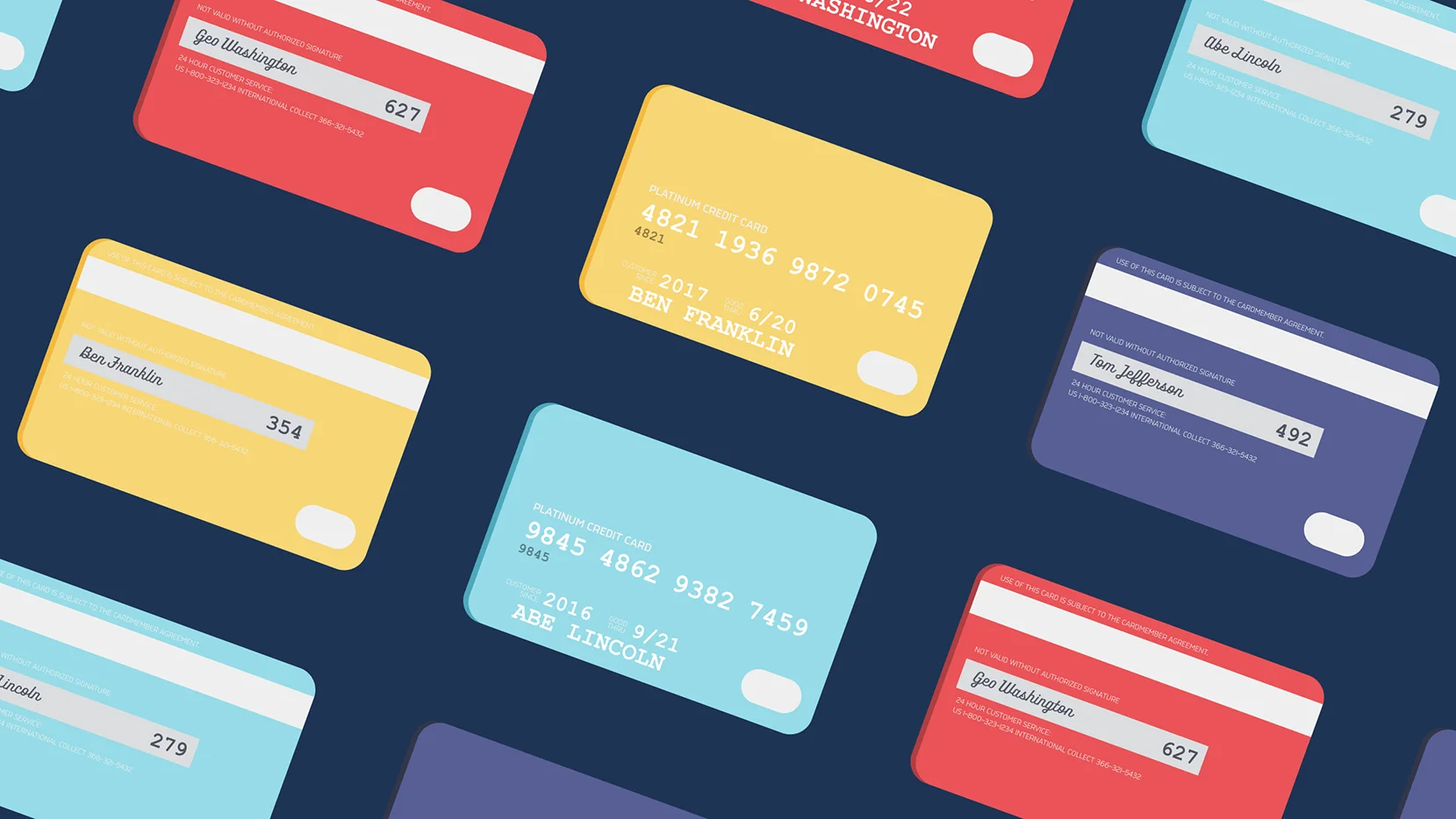 Illustration of the backs of different credit cards with signatures of historical figures like George Washington