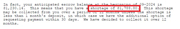Escrow balance shortage message
