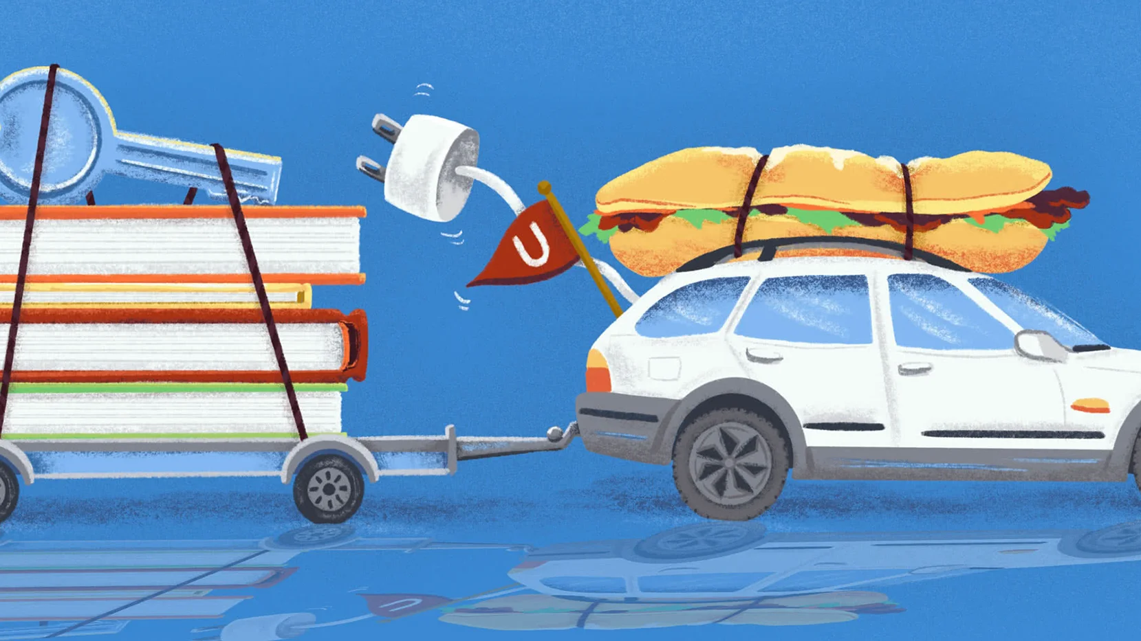 Graphic of a car towing a trailer with college books