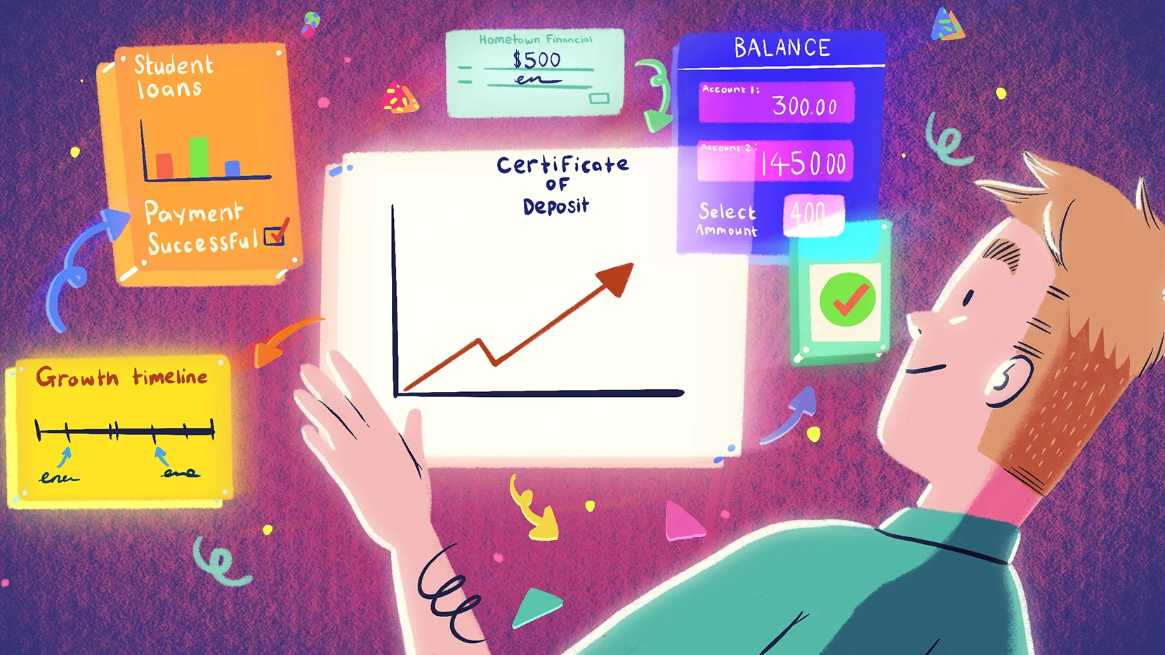 Graphic of a person looking at screens showing certificate growth.