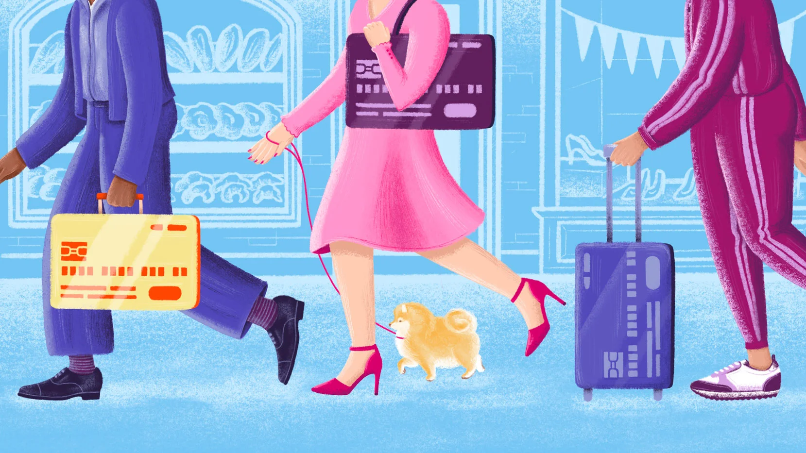 Graphic of people walking with bags and luggage that look like credit cards