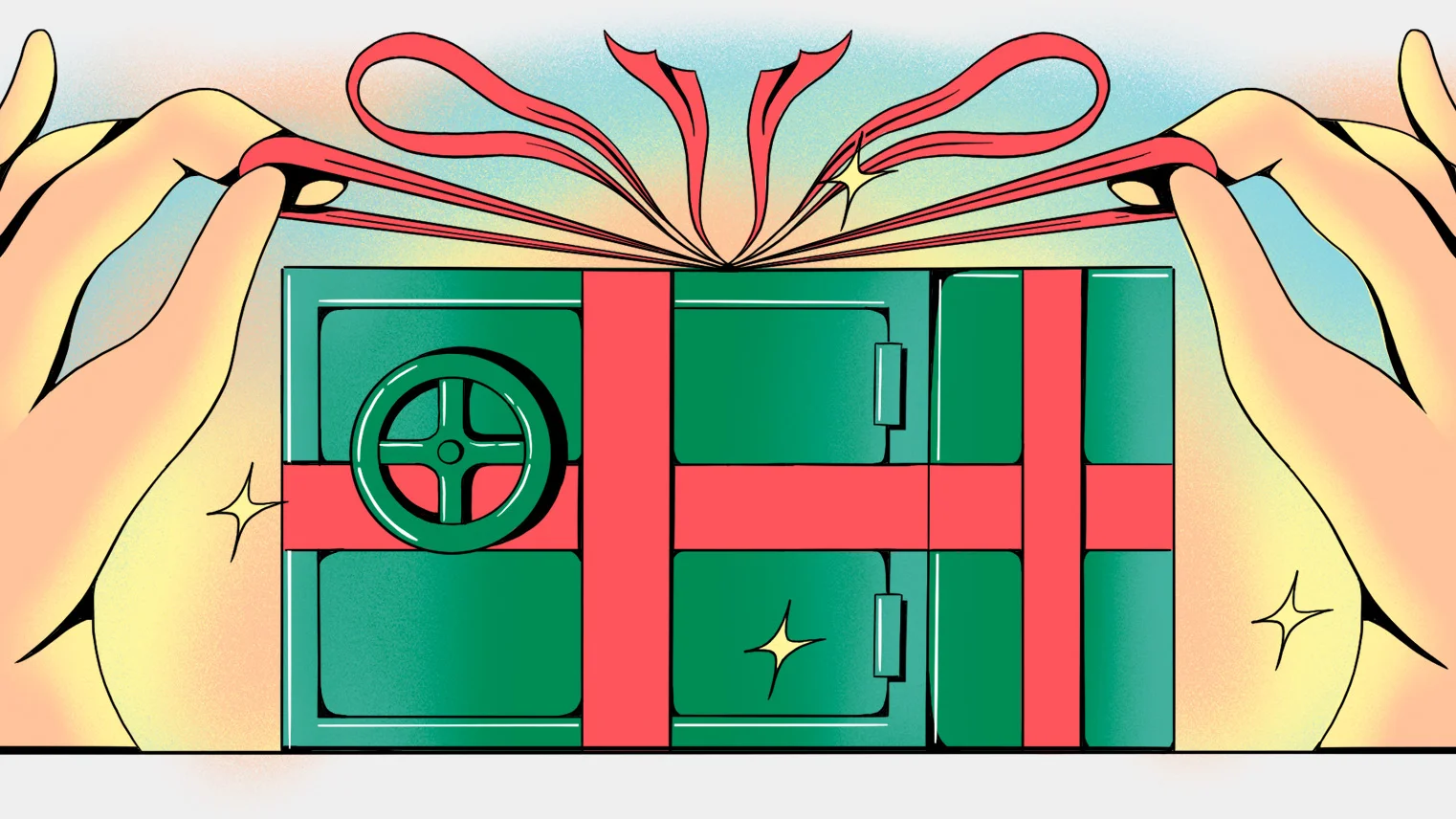 Graphic of a green safe wrapped up like a present with a red bow