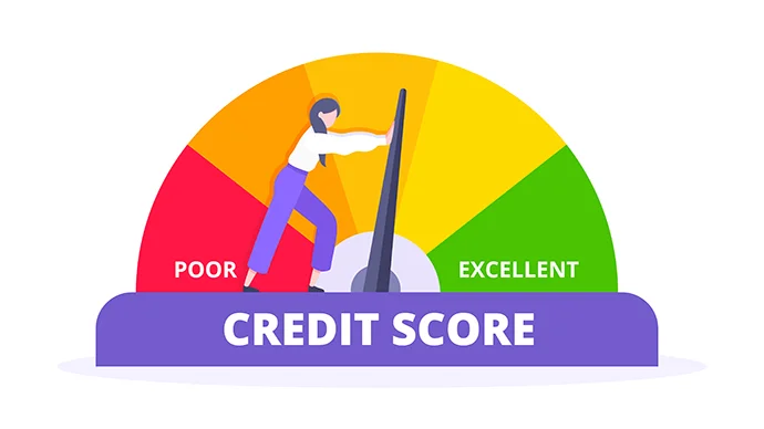 Drawing of woman pushing a credit score needle towards excellent